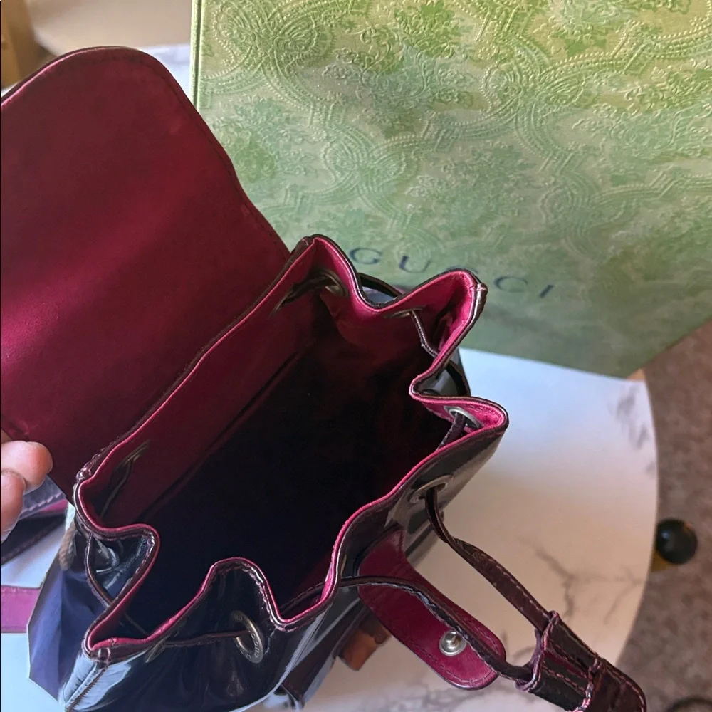 Gucci Burgundy Patent Leather Bamboo Top Handle Backpack